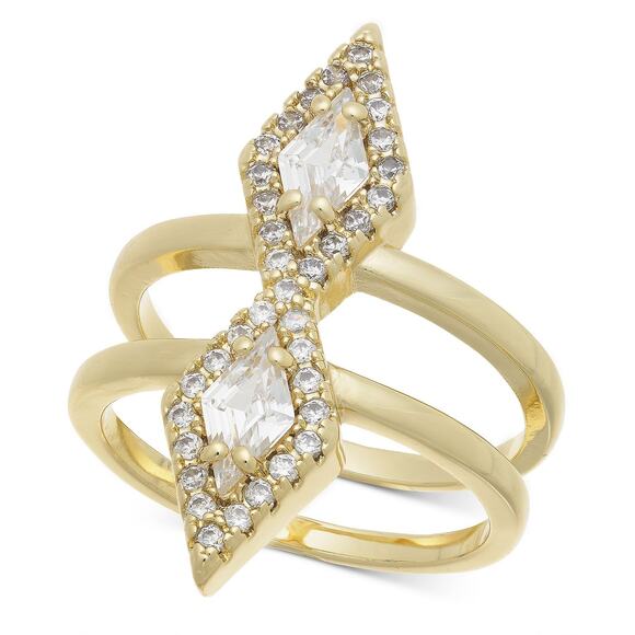 INC Gold-Tone Cubic Zirconia Triangle Double Row Ring Art Deco Vintage Size 9 - Picture 1 of 7